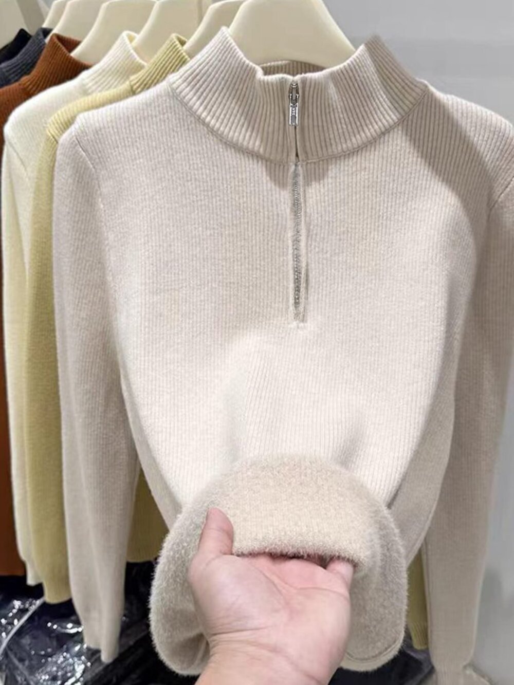 Apricot Casual Women's Half Zip Mock Neck Ribbed Knit Sweater
